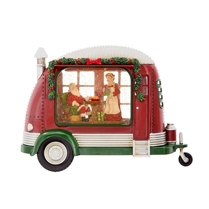 Christmas Plastic / Resin Camper With Mr &amp; Mrs Santa Tea Time LED / Water Spinning / 2 Way Switch, 3*AA Required - Red