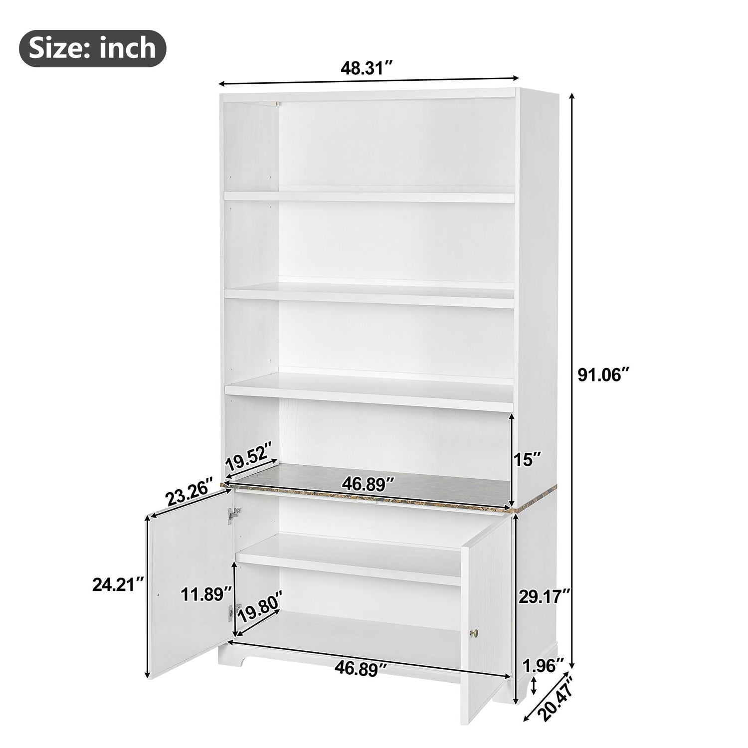 Tall Bookcase Storage Cabinet With 3 Open Shelves &amp; Fluted Double Doors
