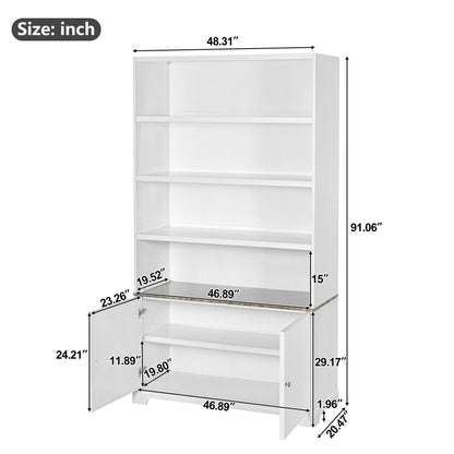 Tall Bookcase Storage Cabinet With 3 Open Shelves &amp; Fluted Double Doors