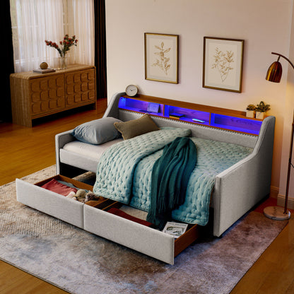 Twin Upholstered Sofa Bed With LED Lights, Storage Drawers, Adjustable Headboard &amp; Wireless Charging - Beige