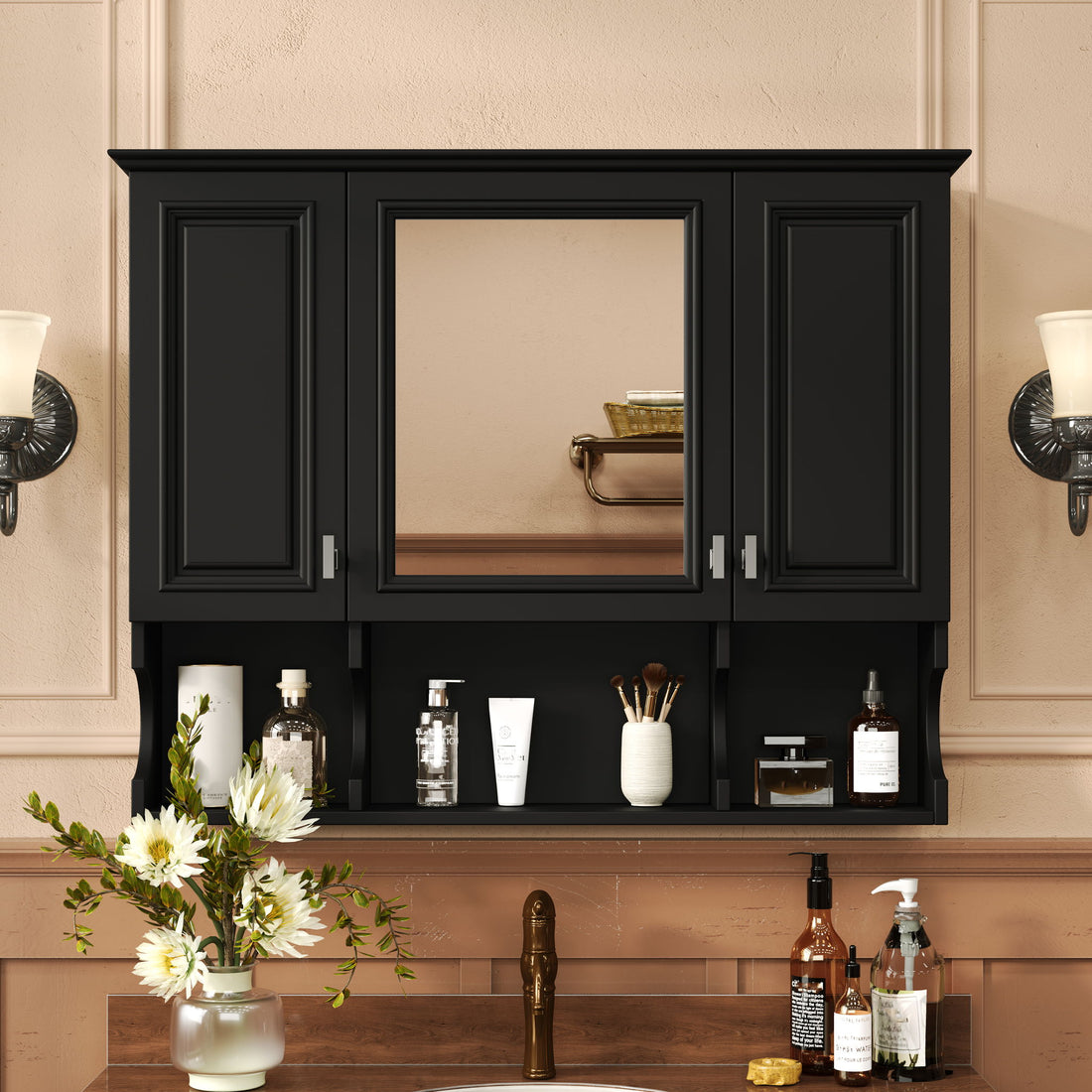 Wall Mounted Bathroom Medicine Wall Cabinet With Mirror &amp; Open Shelves