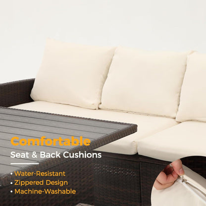 7 Piece Patio Dining Set With Cushions, Modular Sectional Sofa &amp; Storage Table