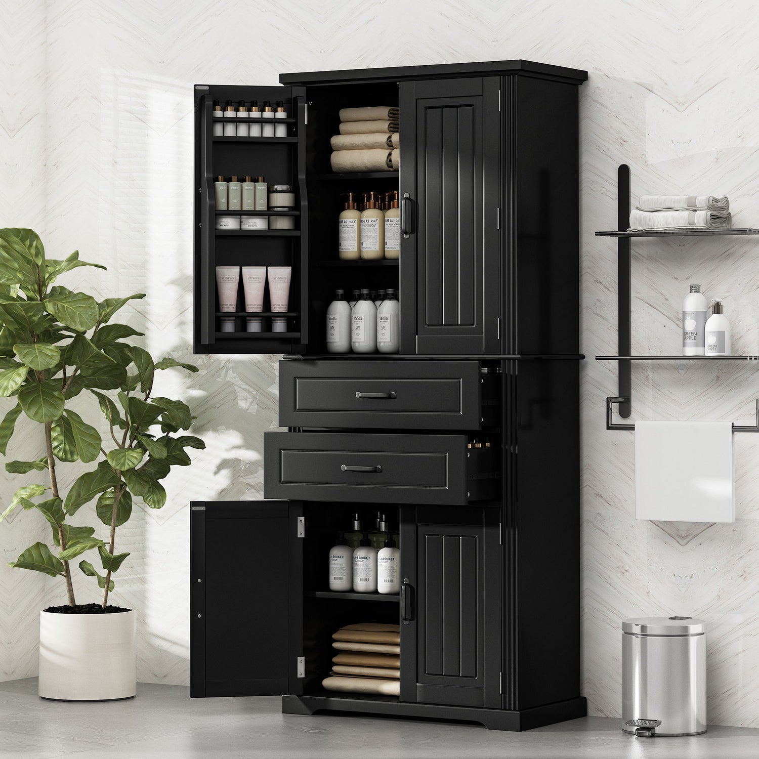 Multi Functional Storage Cabinet With Adjustable Shelves, 2 Drawers, Door Shelves
