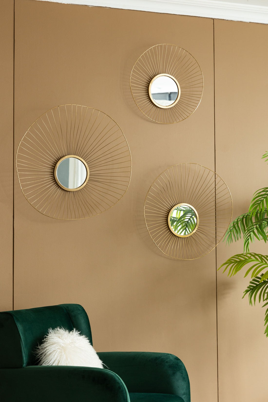 Wall Mirror Abstract Designed Wall Mirrors WithFrame For Home &amp; Office, Top Of Sideboard (Set of 3) - Gold