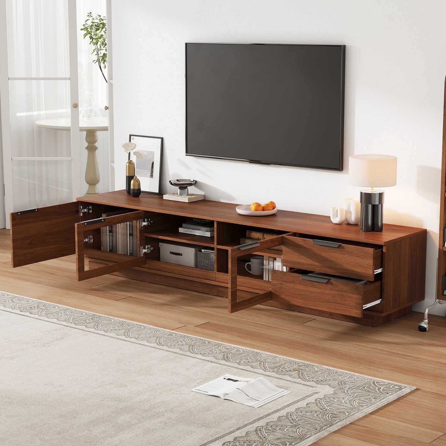 TV Stand With 2 Drawers, Doors &amp; Cable Management, Soft Closing Hinges - Walnut