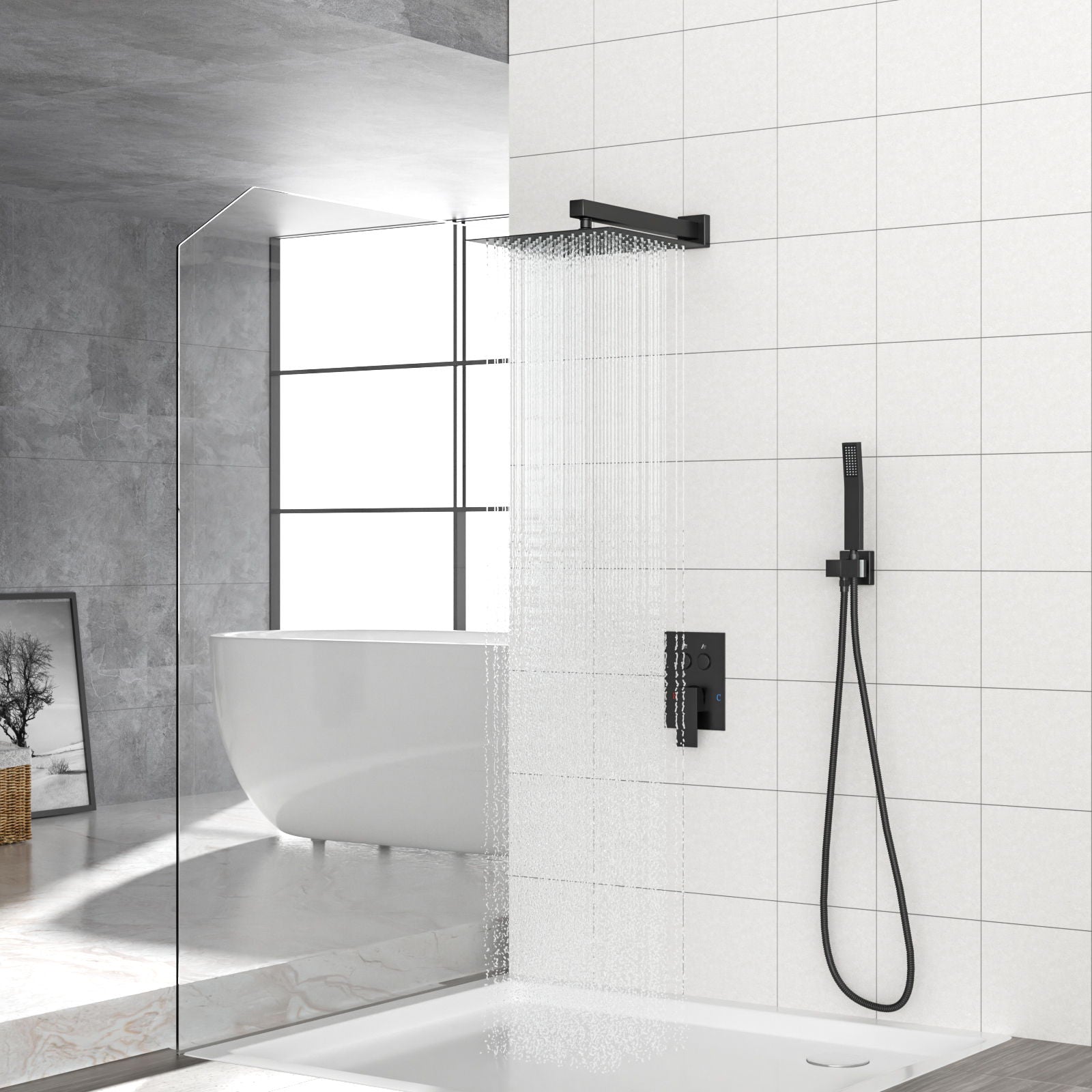 Dual Shower Head System With Square Rain Shower And Rough In Valve