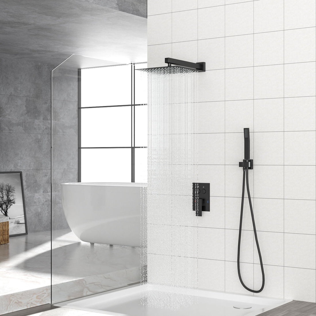 Dual Shower Head System With Rainfall Design, 10&quot; Wall Mounted Square Shower Set - Matte Black