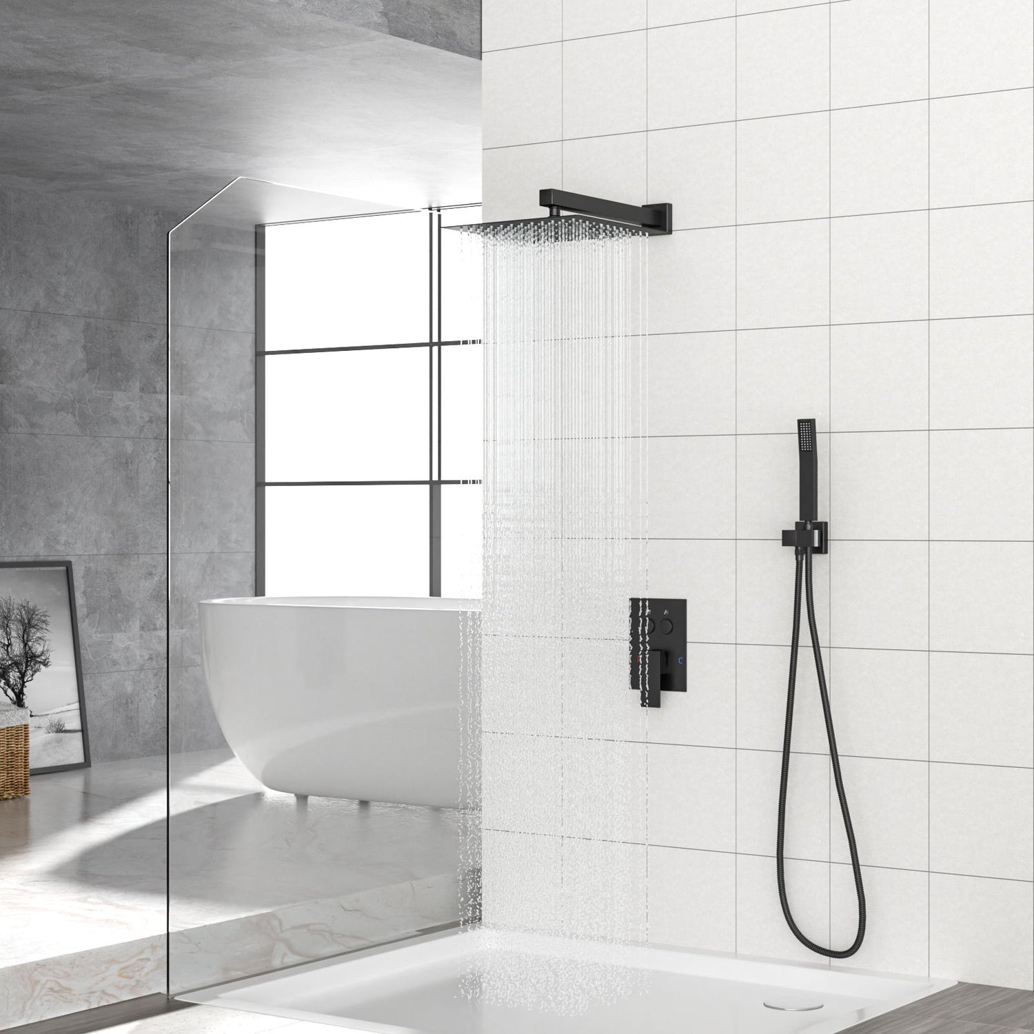 Dual Shower Head System With Rainfall Design, 10&quot; Wall Mounted Square Shower Set - Matte Black