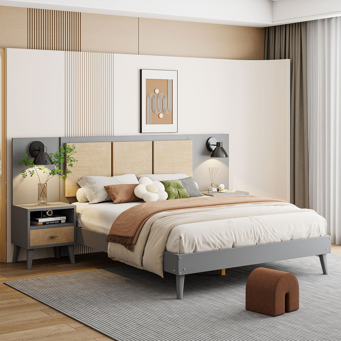 Bed Frame With 2 Nightstands Elegant Design With Lamps