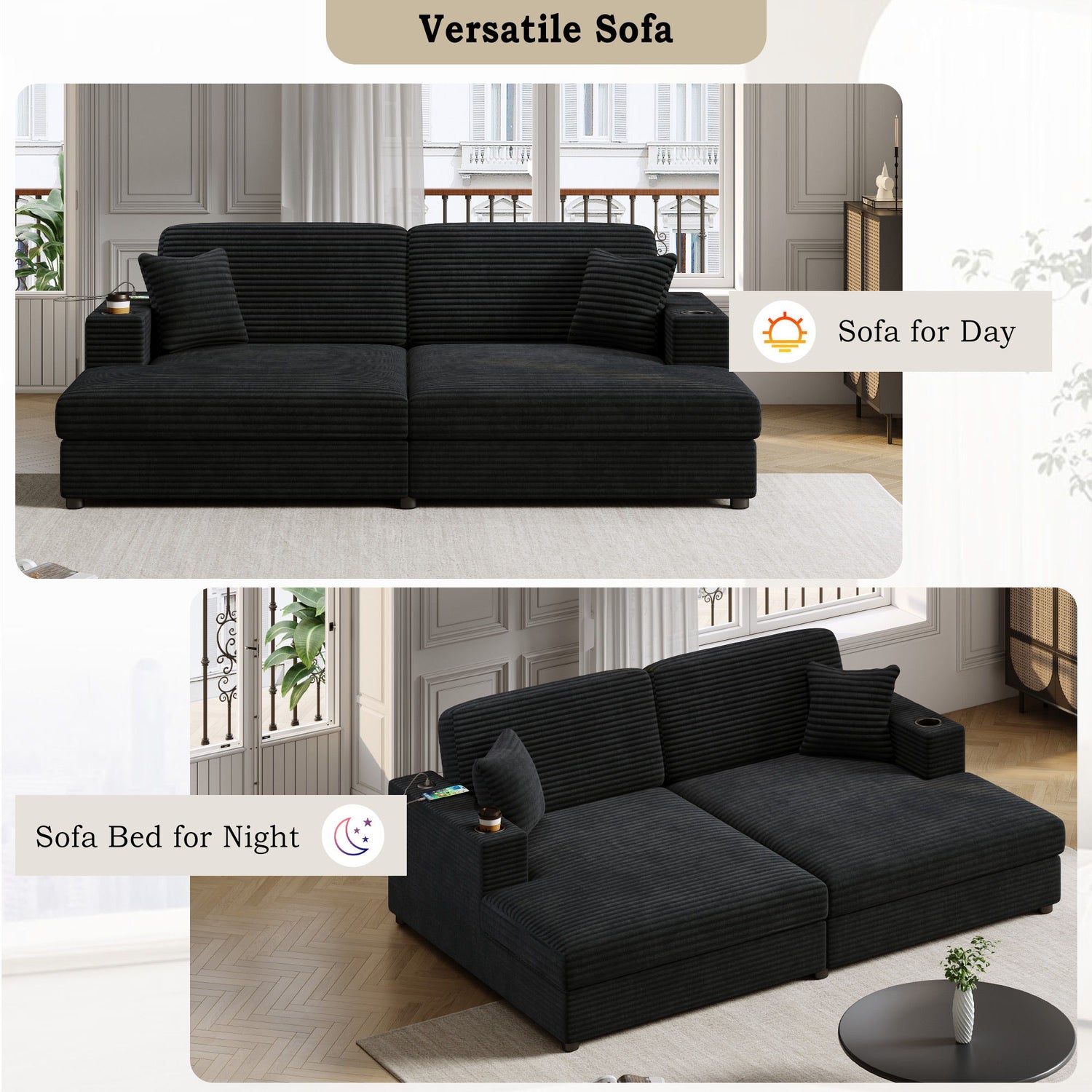 Oversized Loveseat Chaise With 2 USB Ports, 2 Cup Holders And 2 Throw Pillows