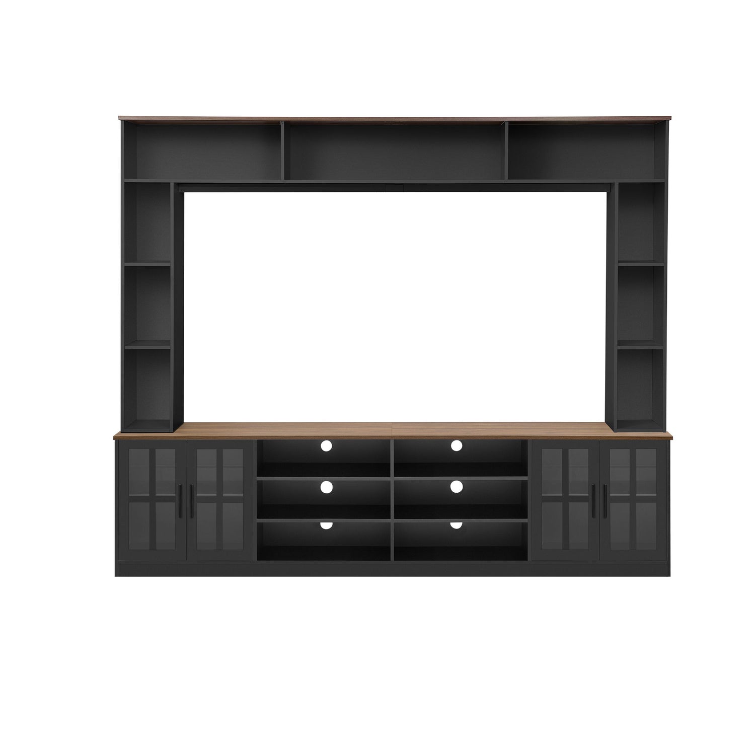 Wall Unit Entertainment Center With Bookshelves For TVs Up To 80&quot;, Tempered Glass Doors And Adjustable Shelves