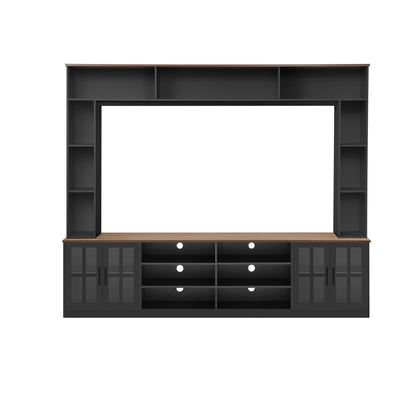 Wall Unit Entertainment Center With Bookshelves For TVs Up To 80&quot;, Tempered Glass Doors And Adjustable Shelves