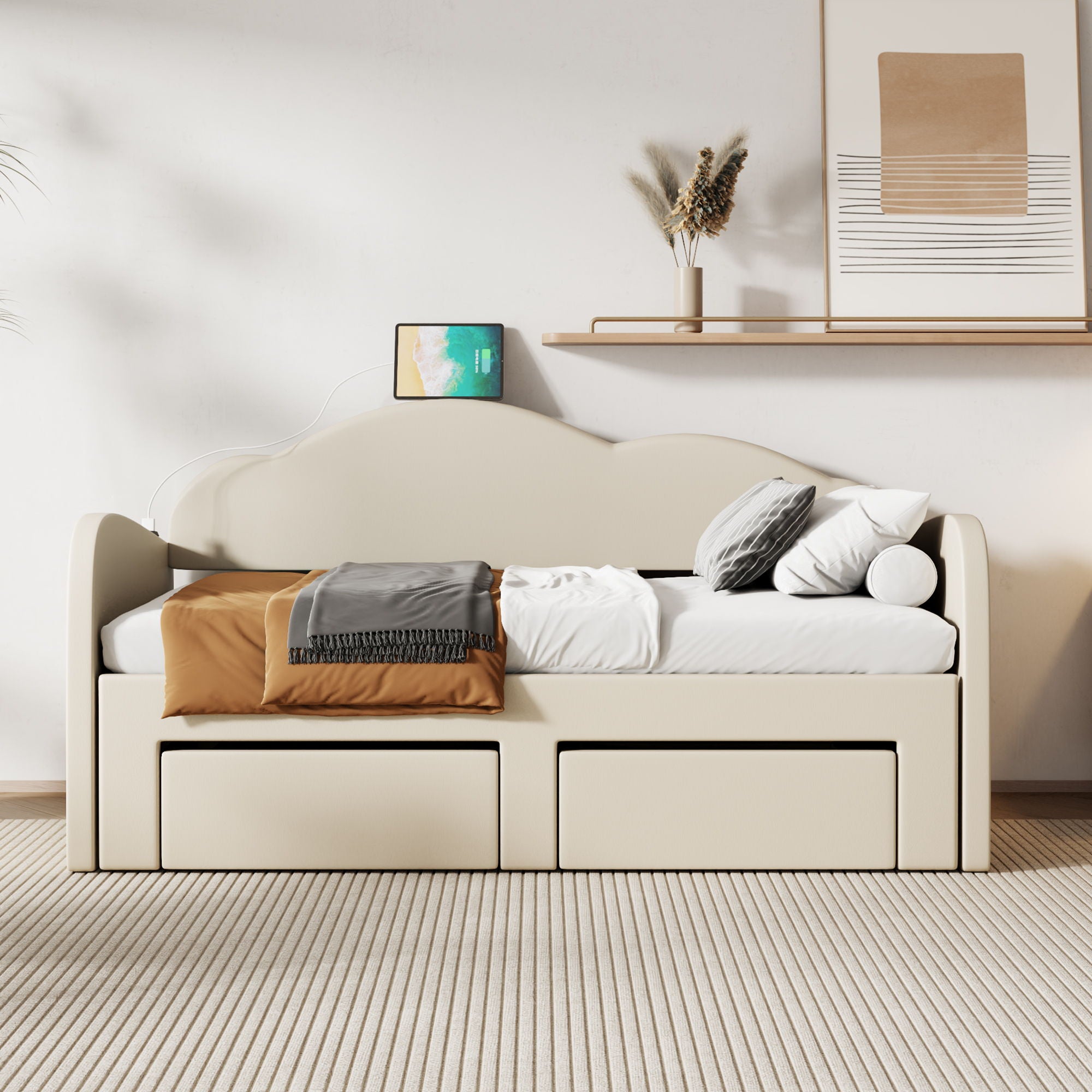 Upholstered Daybed With Cloud-Shaped Backrest, Trundle &amp; 2 Drawers And USB Ports