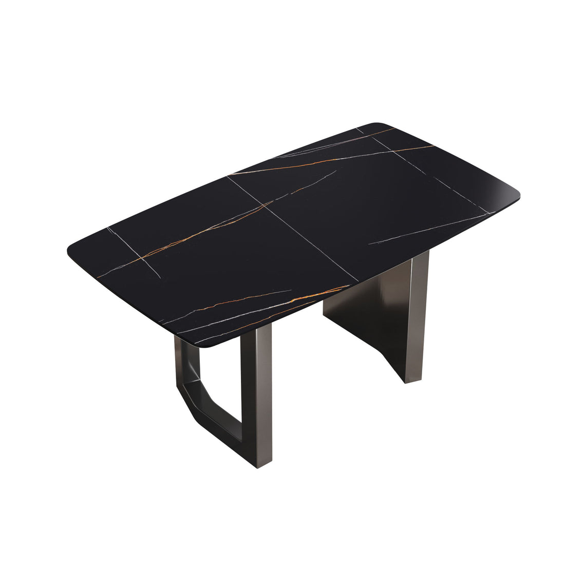 63&quot; Modern Artificial Stone Black Curved Black Metal Leg Dining Table, 6 People - Black
