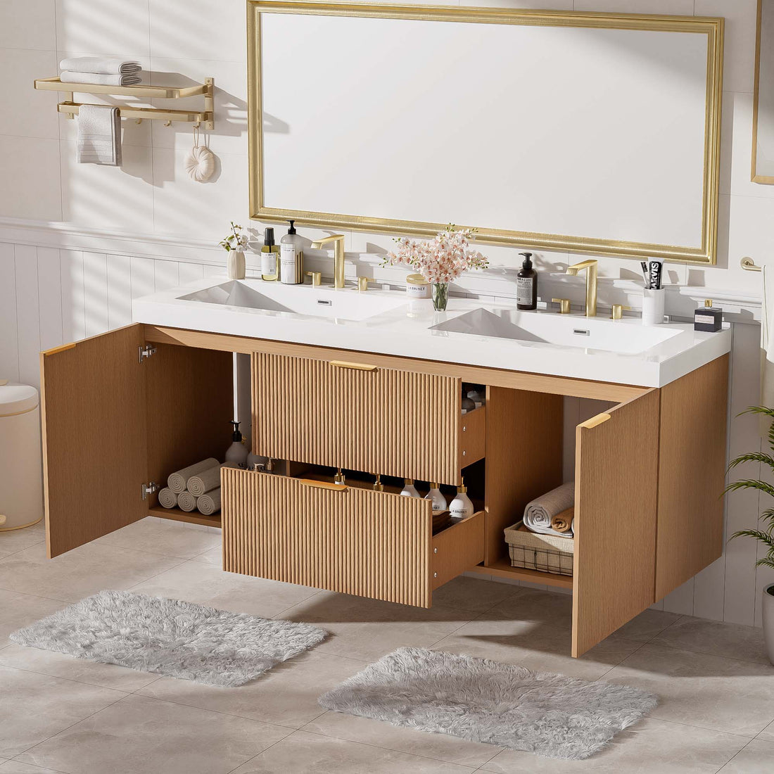 59.3&quot; Double Sink Bathroom Vanity With Smc Resin Top, Painted Cabinet, Soft Close Doors, Wall Mounted - Wood