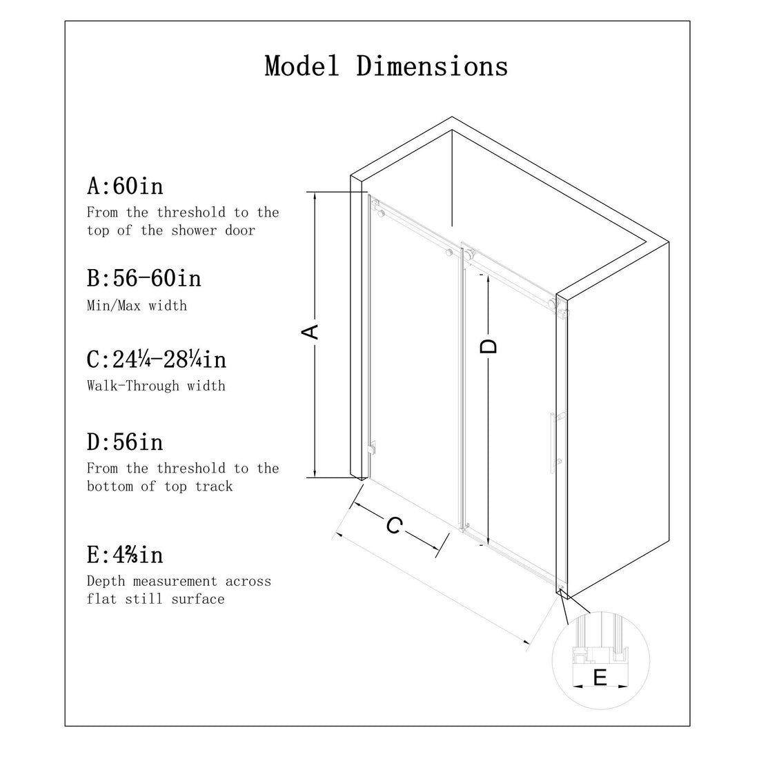 Frameless Single Sliding Shower Door With Soft Close, 5 / 16&quot; Clear Nano Coated Tempered Glass, 60&quot; X 60&quot; - Matte Black