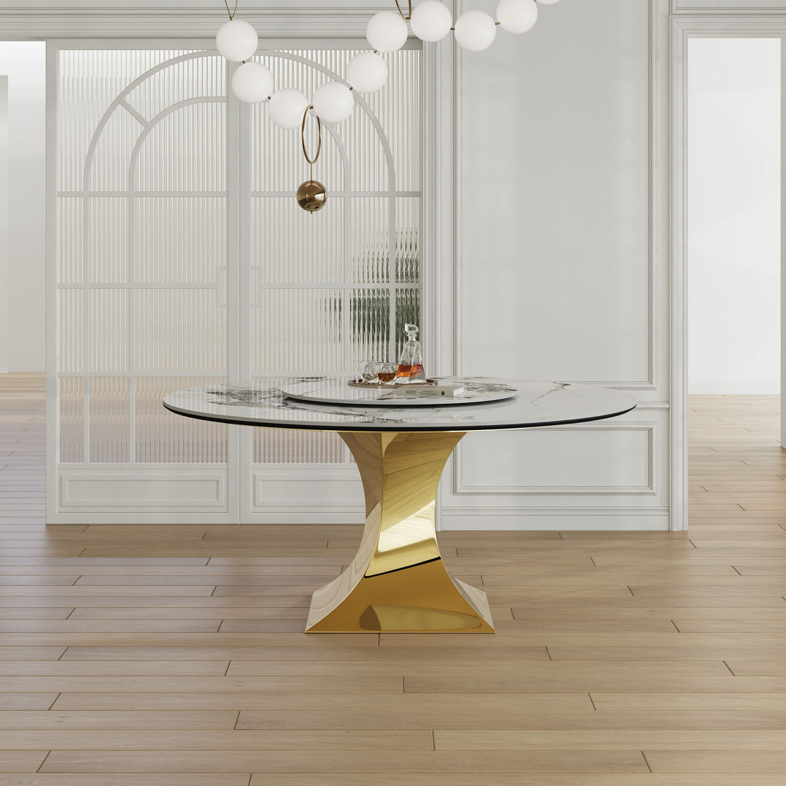 Luxury Round 59&quot; Sintered Stone Dining Table With Stainless Steel Hourglass Base, Scratch &amp; Heat Resistant Surface - Golden / White