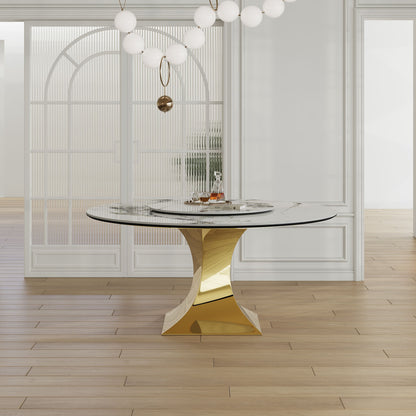Luxury Round 59&quot; Sintered Stone Dining Table With Stainless Steel Hourglass Base, Scratch &amp; Heat Resistant Surface - Golden / White