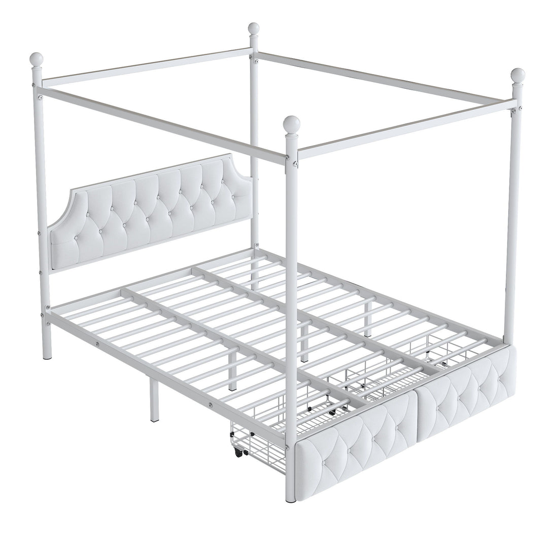 Canopy Platform Bed With Upholstered Headboard And 2 Storage Drawers - White