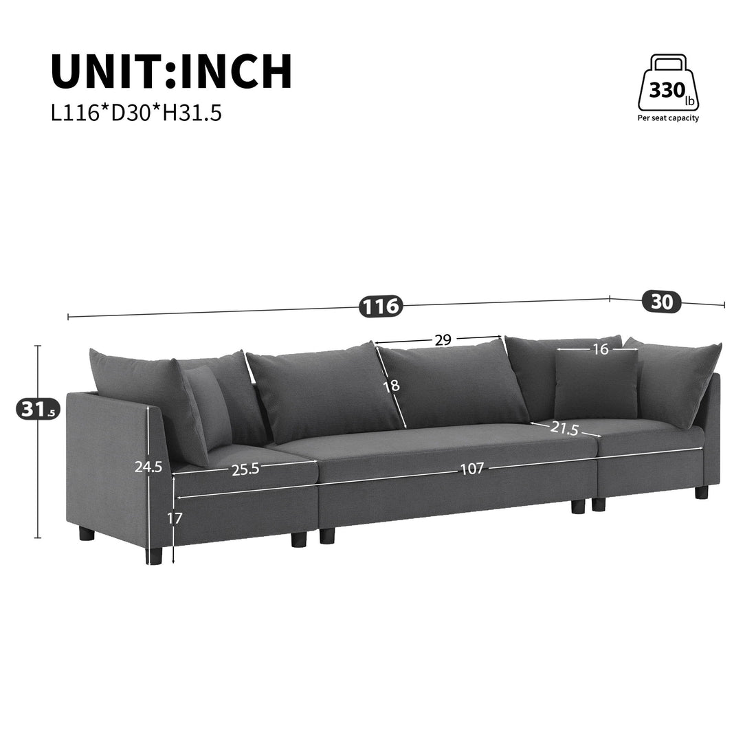 Modern Modular Sectional Oversized 4 Seat Couch Set &amp; 4 Pillows, Minimalist Style Wide Seat Comfy Sofa - Gray