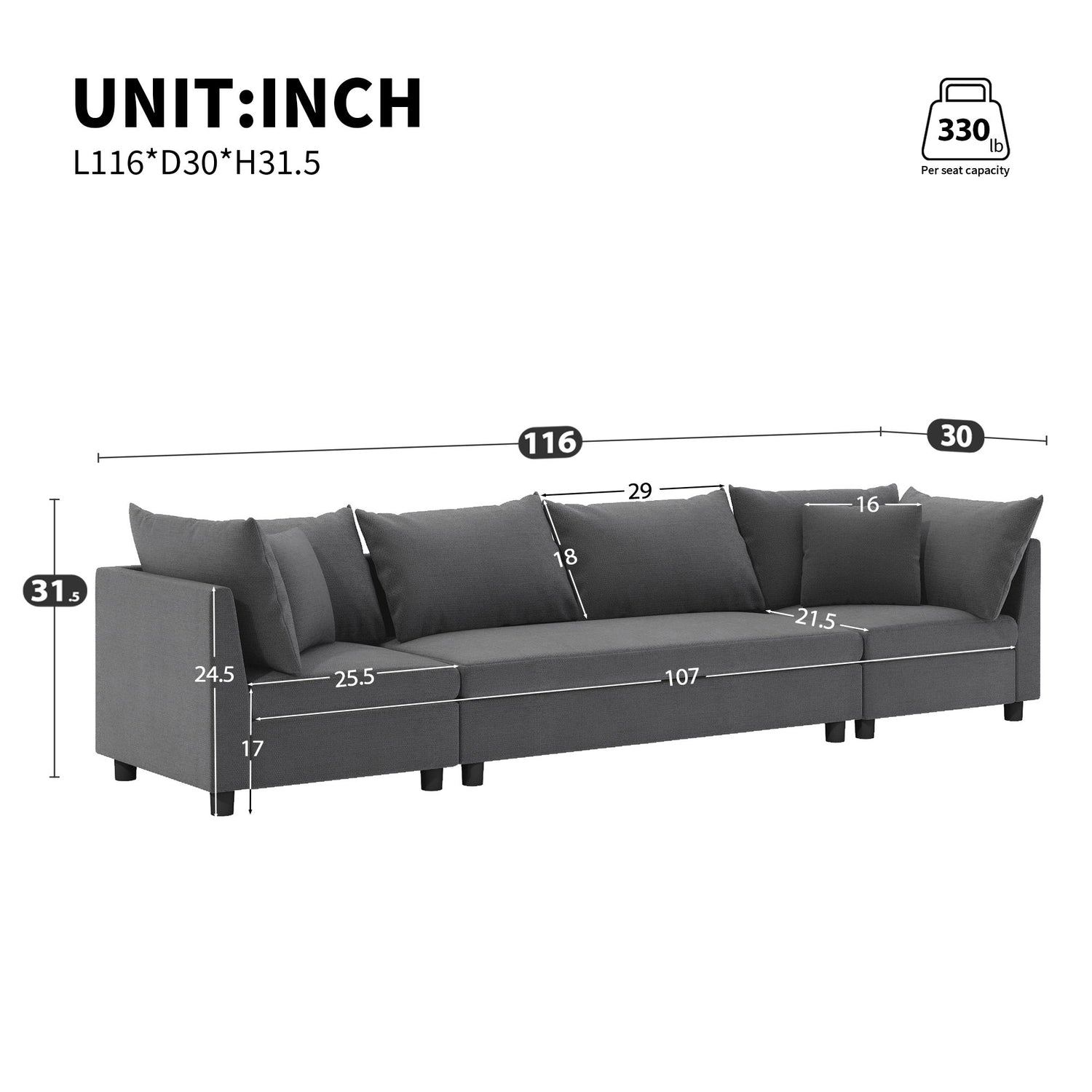 Modern Modular Sectional Oversized 4 Seat Couch Set &amp; 4 Pillows, Minimalist Style Wide Seat Comfy Sofa - Gray