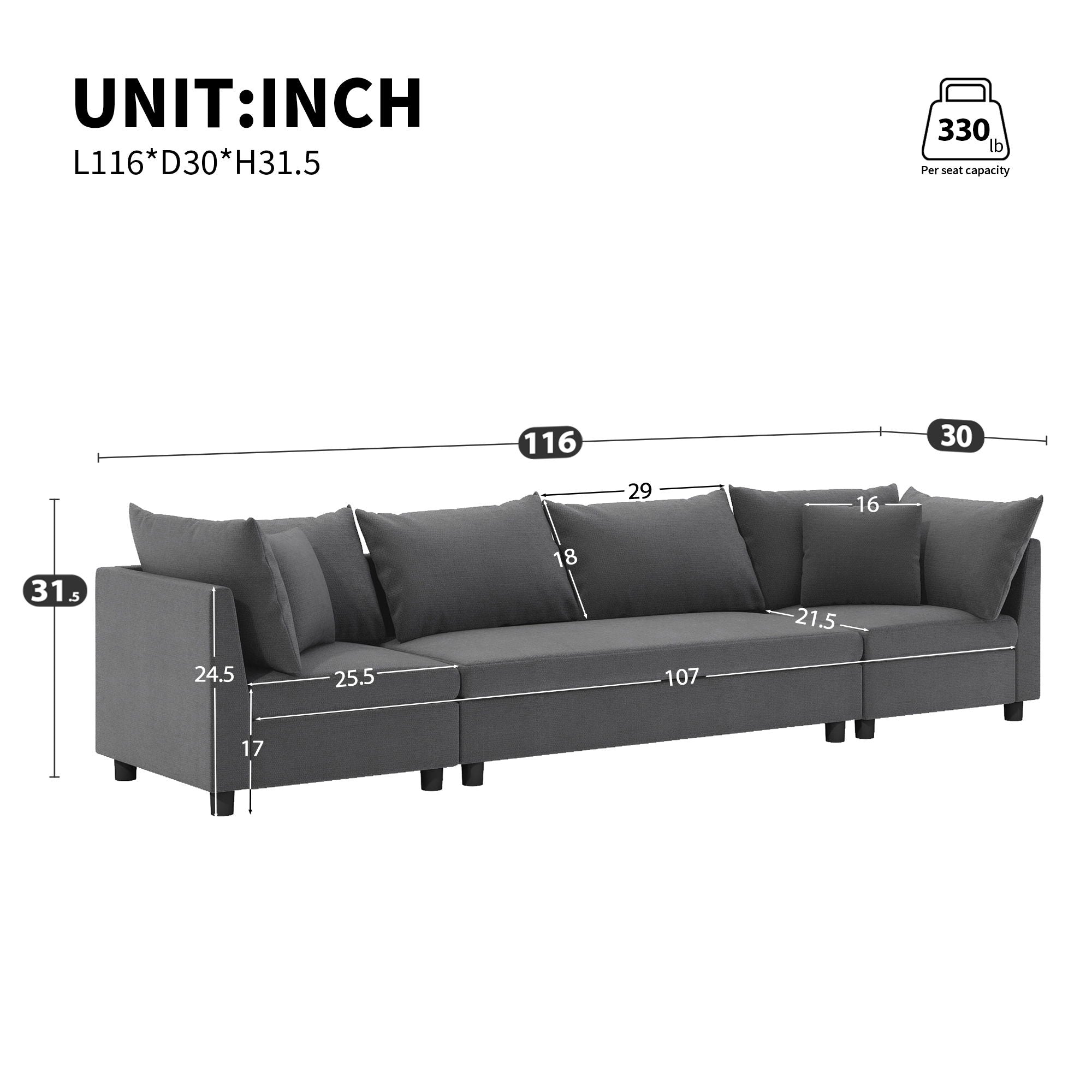 Modern Modular Sectional Oversized 4 Seat Couch Set &amp; 4 Pillows, Minimalist Style Wide Seat Comfy Sofa - Gray