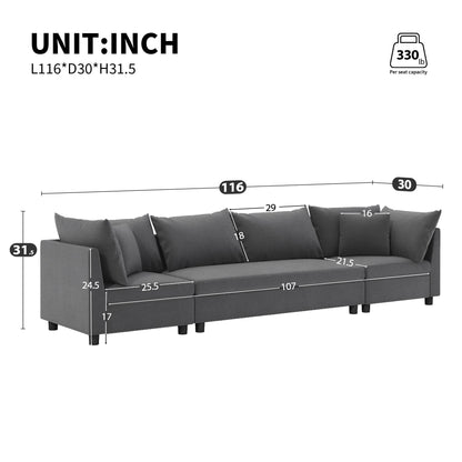 Modern Modular Sectional Oversized 4 Seat Couch Set &amp; 4 Pillows, Minimalist Style Wide Seat Comfy Sofa - Gray