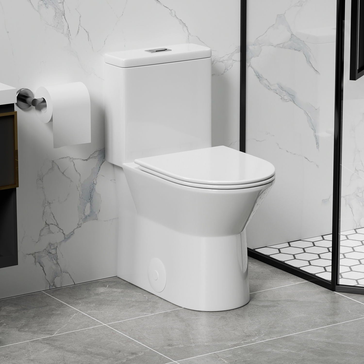 1 Piece Toilet With Dual Flush &amp; Rimless Bowl - Glossy White