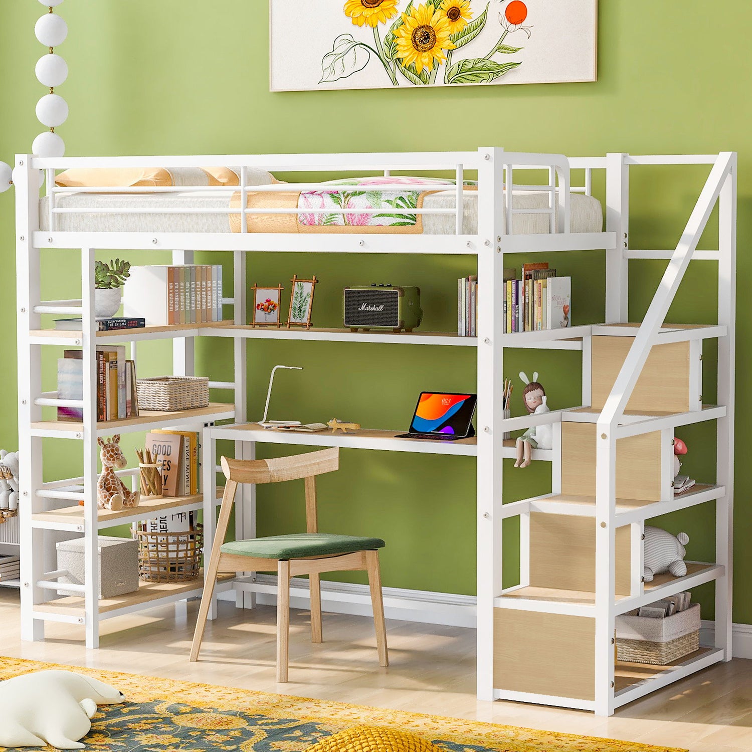 Twin Size Loft Bed With Built In Desk, Staircase Storage &amp; 4 Tier Shelves - White