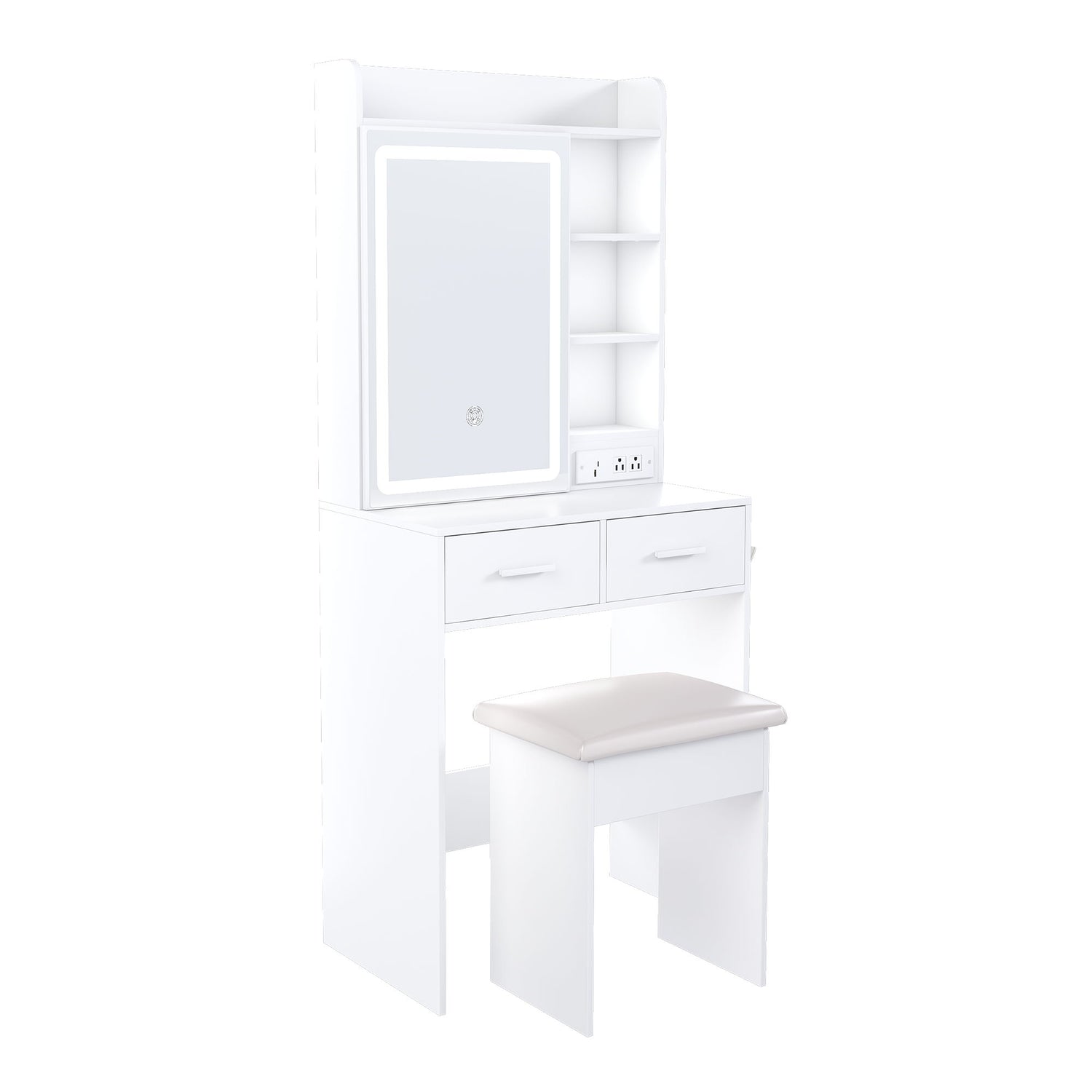 Space Saving Makeup Vanity Desk With Mirror &amp; Adjustable Led Lights, Built-In Power Outlet, Hidden Storage, Includes Stool &amp; Shelf - White