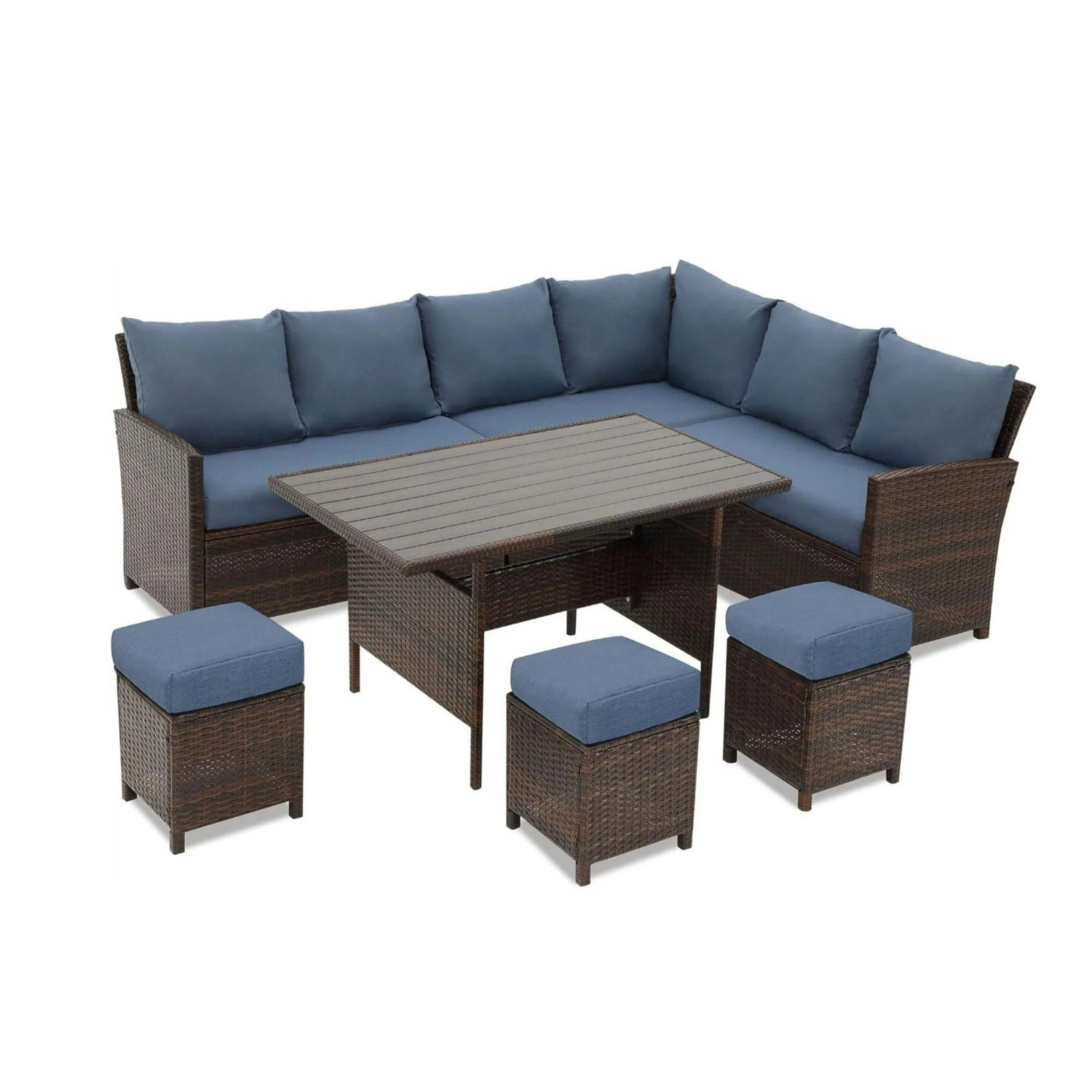 7 Piece Patio Dining Set With Cushions, Modular Sectional Sofa &amp; Storage Table