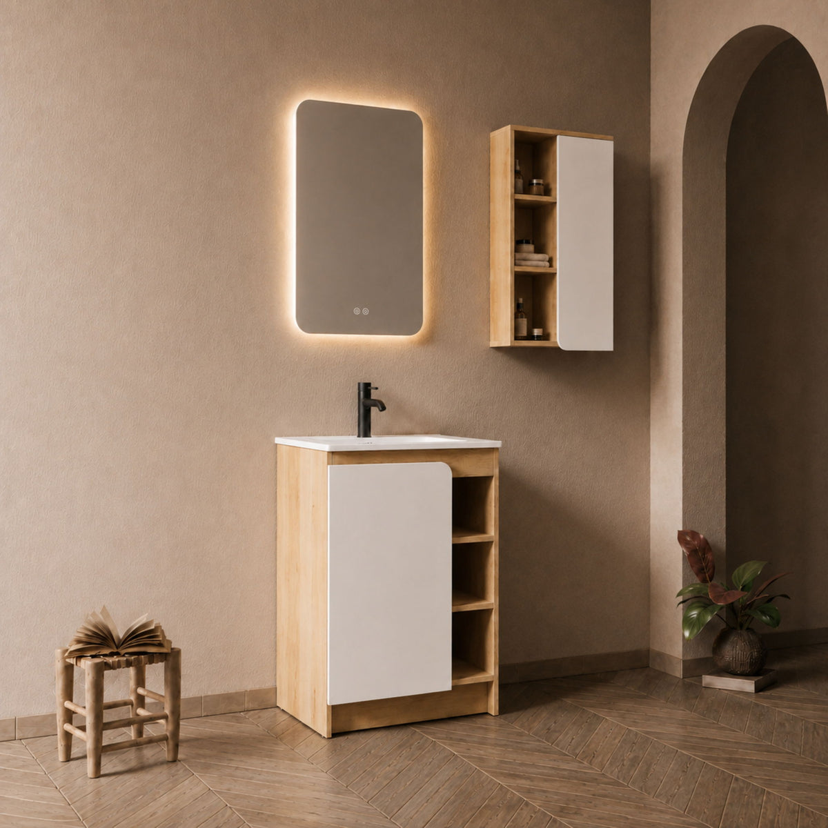 24" Bathroom Vanity With Sink &amp; Wall Mounted Side Cabinet, Vanity Set With Thin Edge Sink, Interchangeable &amp; Door Panels, Open &amp; Hidden Storage - Black / Light Oak / White