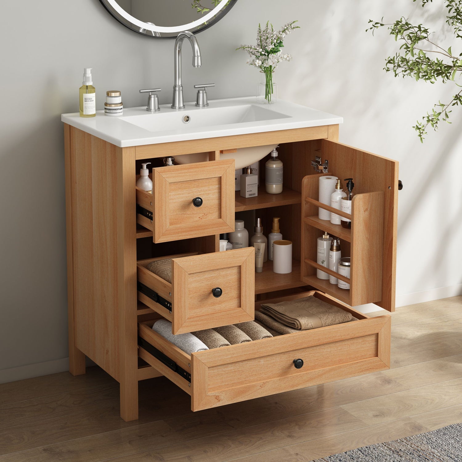 Modern Bathroom Vanity With Sink, Soft Close Drawers &amp; Door, Storage Rack