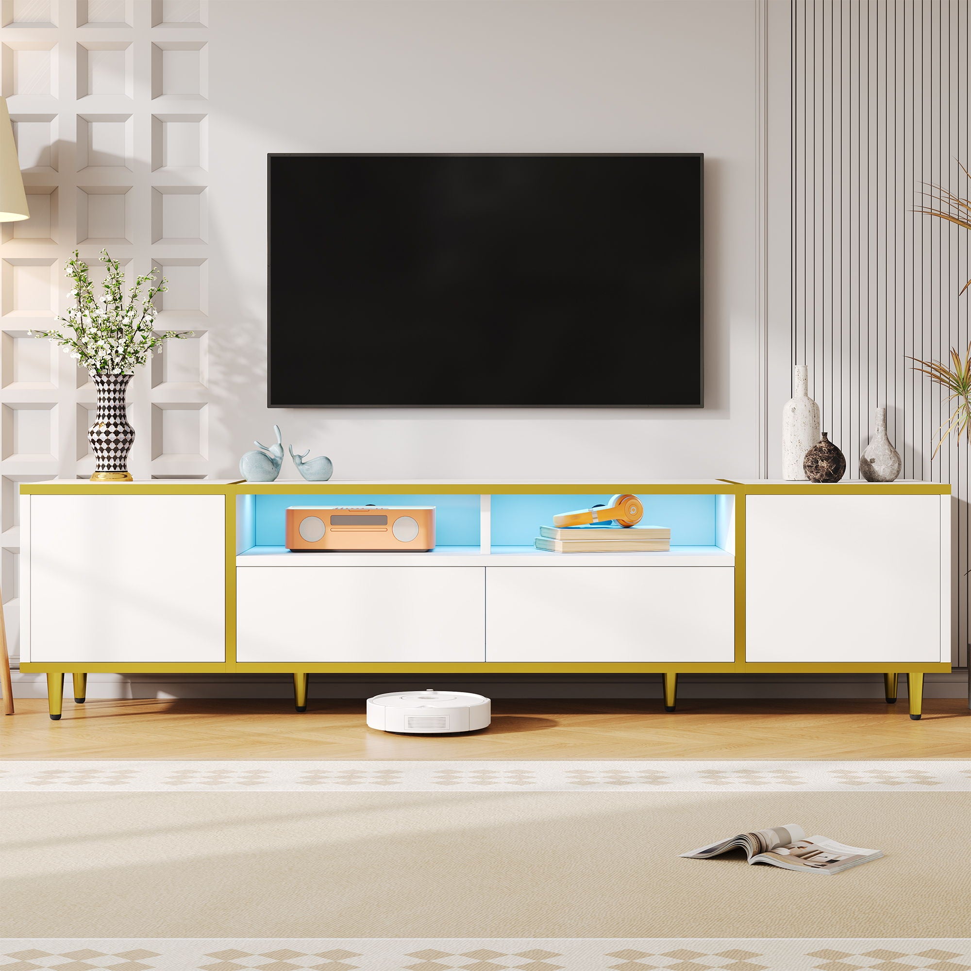 TV Stand For TVs Up To 80&quot;, Entertainment Center With 2 Shelves And LED Lights