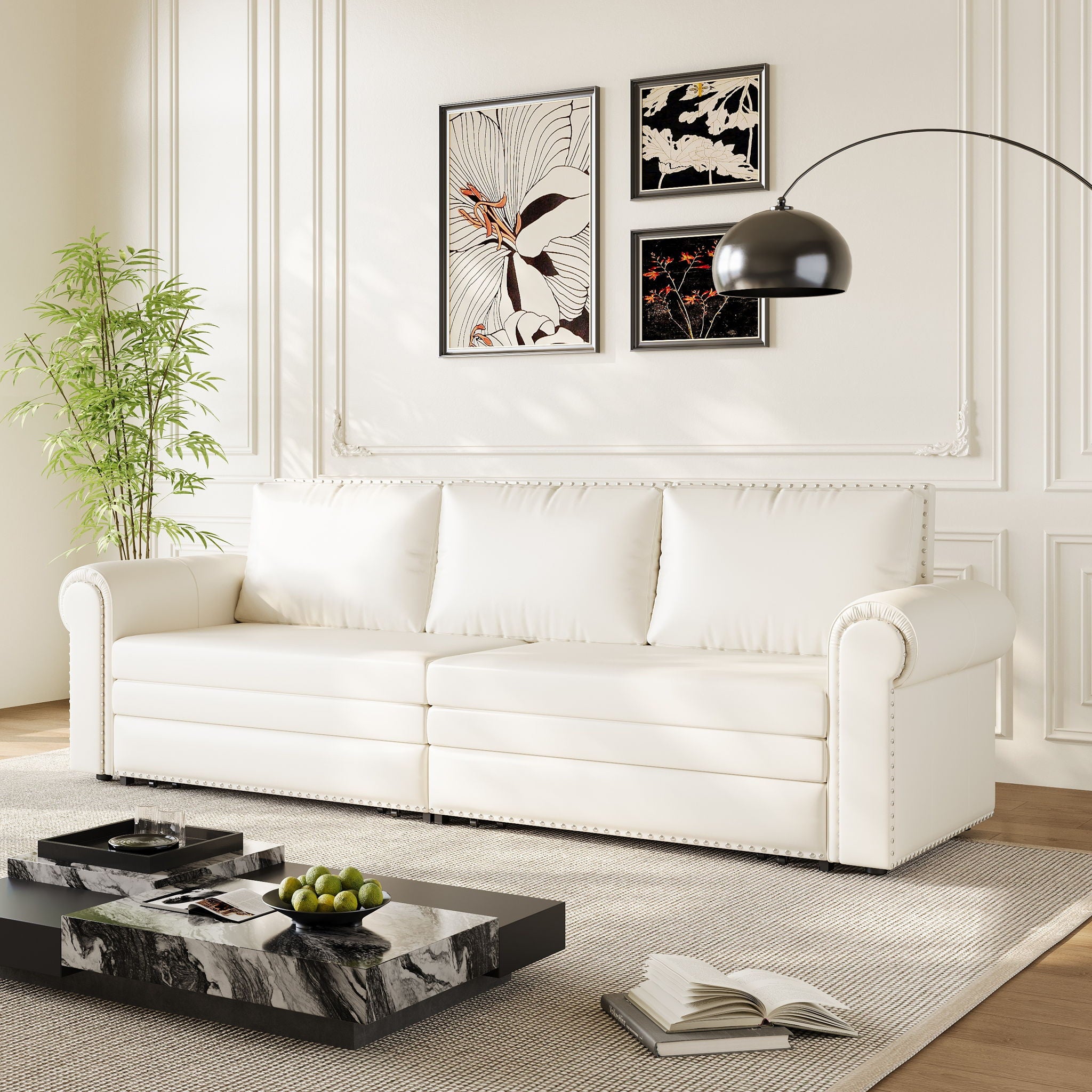 3 In 1 Convertible Sleeper Sofa With Nailhead Trim &amp; Rolled Arm