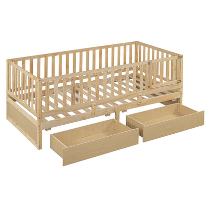 Daybed With Fence Guardrails And 2 Drawers, Split Into Independent Floor Bed &amp; Daybed