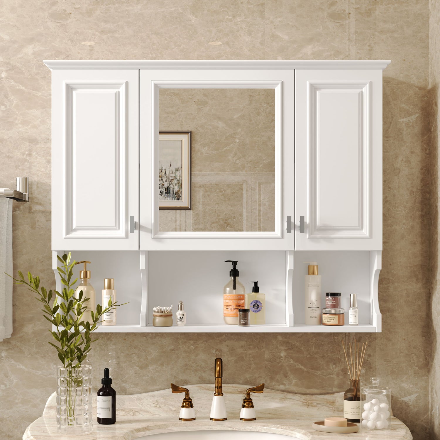 Wall Mounted Bathroom Medicine Wall Cabinet With Mirror &amp; Open Shelves