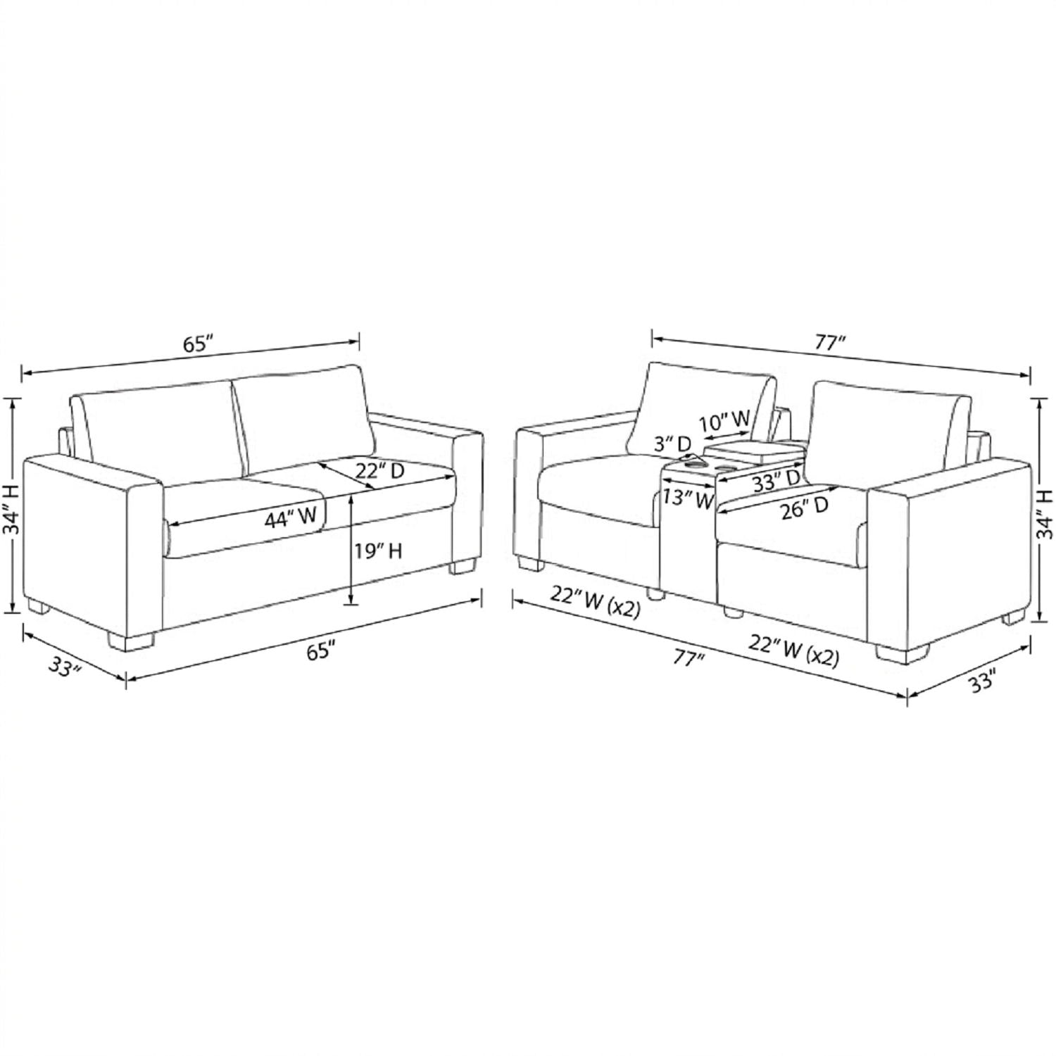 Modern Style 2 Piece Sofa Set With Cup Holders &amp; Charging Port