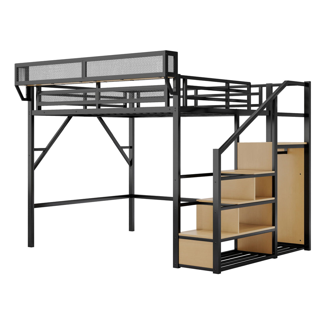 Queen Size Loft Bed &amp; Stairs, Storage Shelves, Wardrobe - Black / Wood