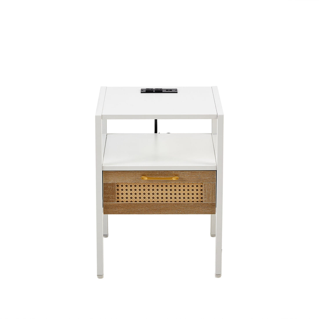 Rattan End Table With Power Outlet &amp; USB Ports, Modern Nightstand With Drawer And Metal Legs, Side Table For Living Room, Bedroom