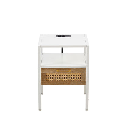 Rattan End Table With Power Outlet &amp; USB Ports, Modern Nightstand With Drawer And Metal Legs, Side Table For Living Room, Bedroom