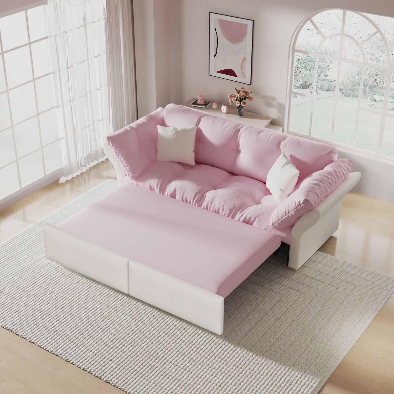Queen Pull Out, 3 In 1 Convertible Sleeper Tufted Sofa &amp; 2 Soft Pillows