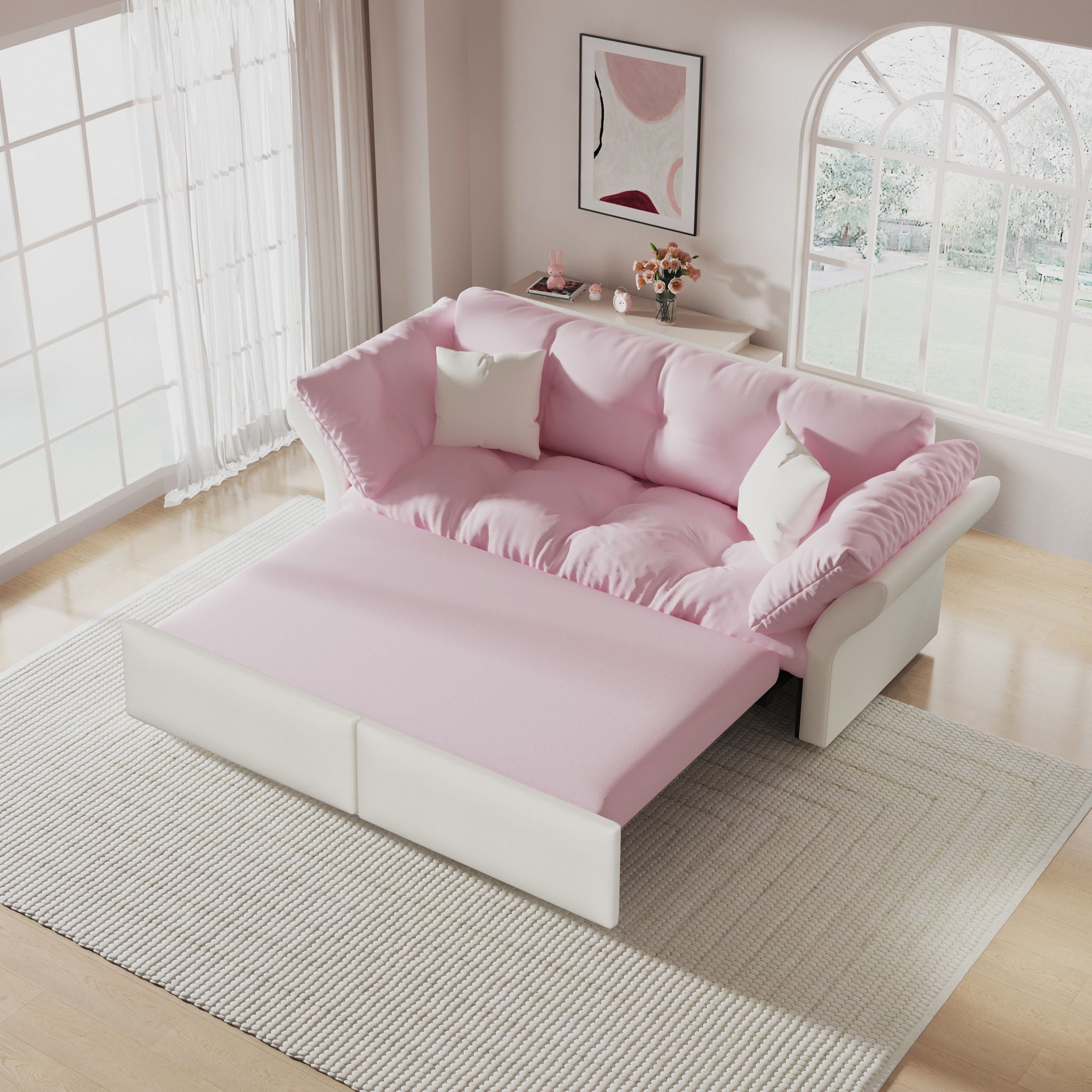 Queen Pull Out, 3 In 1 Convertible Sleeper Tufted Sofa &amp; 2 Soft Pillows