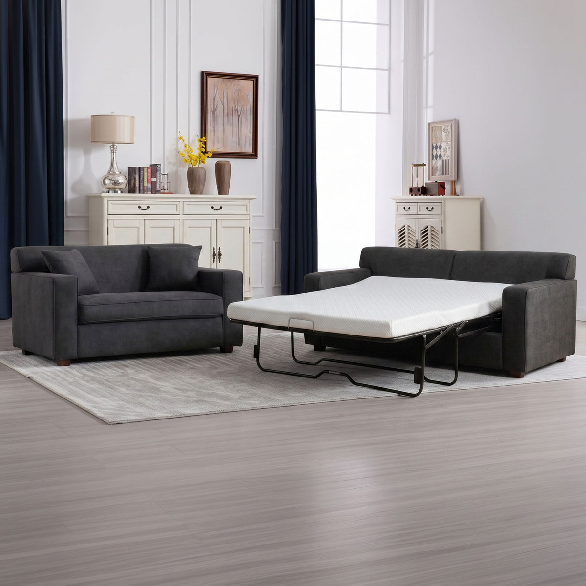 Convertible Sleeper Loveseat &amp; Chair Set With Fold Out Mattress, Loveseat &amp; Chair - Gray