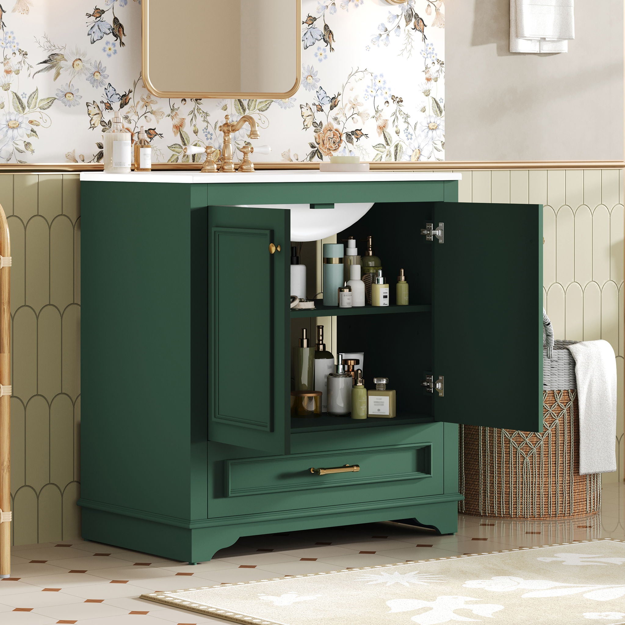 Bathroom Vanity With Sink, Cabinet &amp; 2 Soft Closing Doors &amp; Adjustable Shelf