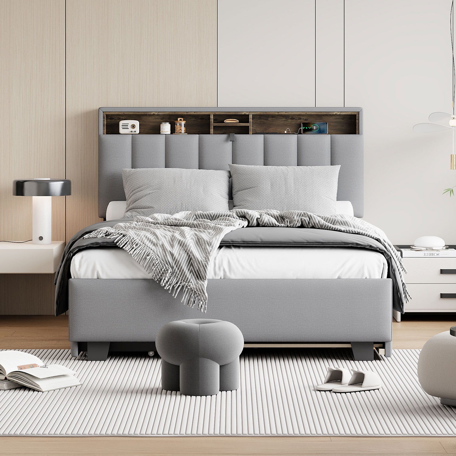 Upholstered Platform Bed With Storage Headboard, Trundle &amp; 2 Drawers And A Set Of Sockets &amp; USB Ports