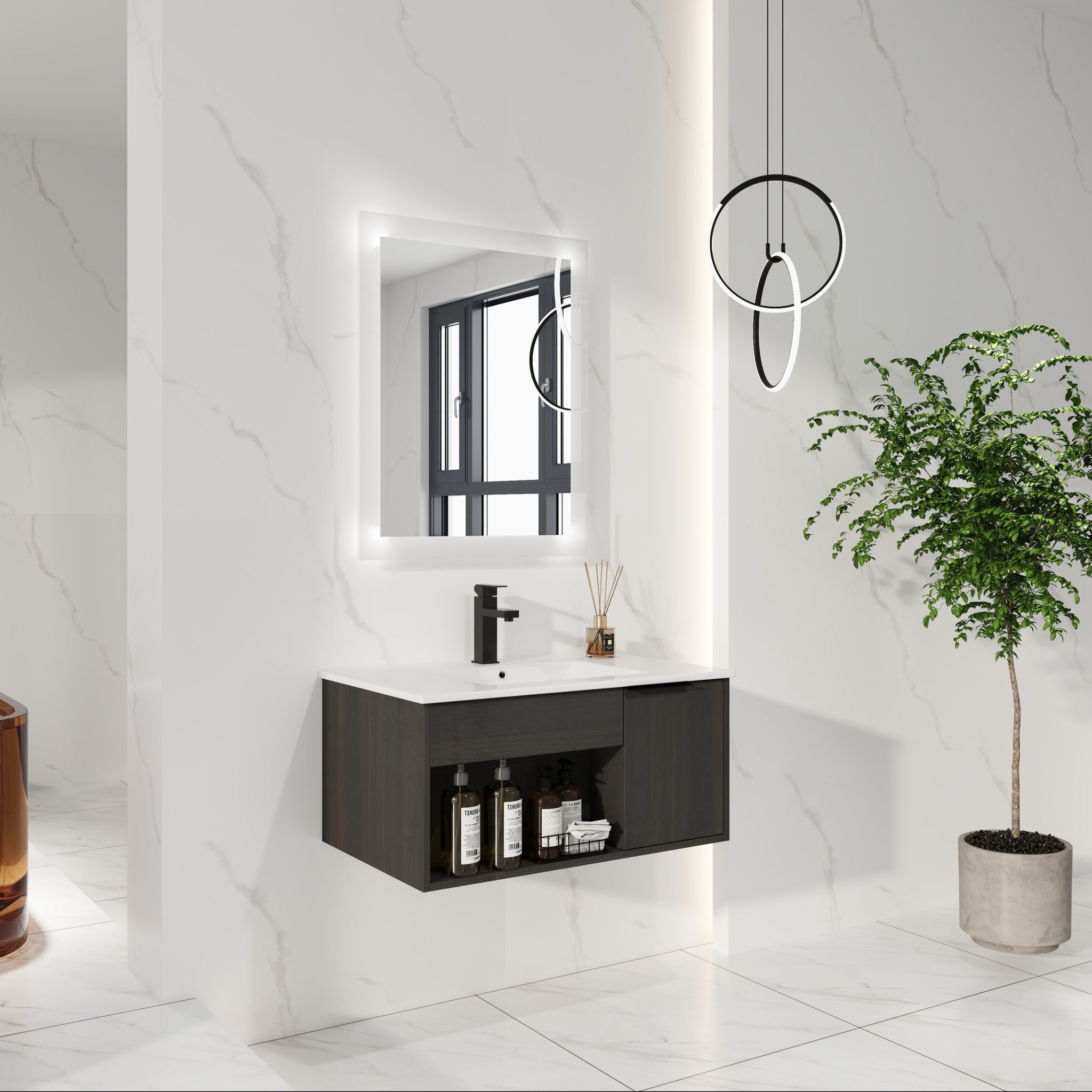 Wall Mounted Floating Bathroom Vanity With Open Shelf &amp; Soft Close Door