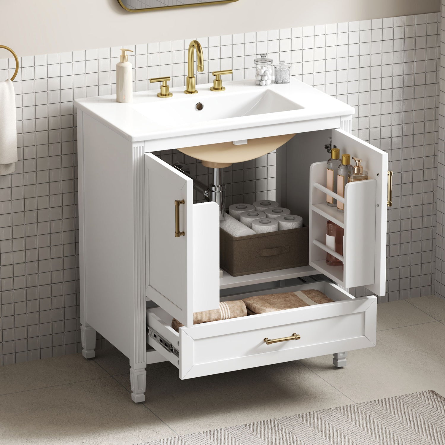 Elegant Fluted Bathroom Vanity With Sink, Soft Close Doors &amp; Drawer
