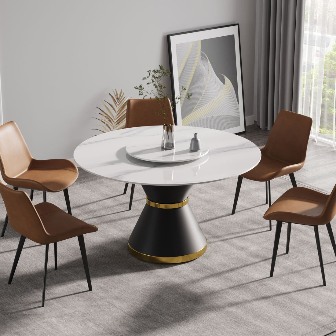 53&quot; Modern Artificial Stone Round Carbon Steel Base Dining Table, Can Accommodate 6 People, Artificial Stone Turntable - White / Black