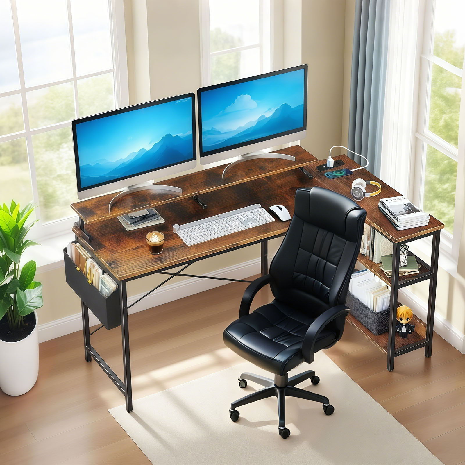 L-Shaped Gaming Desk With Power Outlets, Monitor Stand &amp; Storage Shelves, Reversible Corner Workstation - Black / Brown
